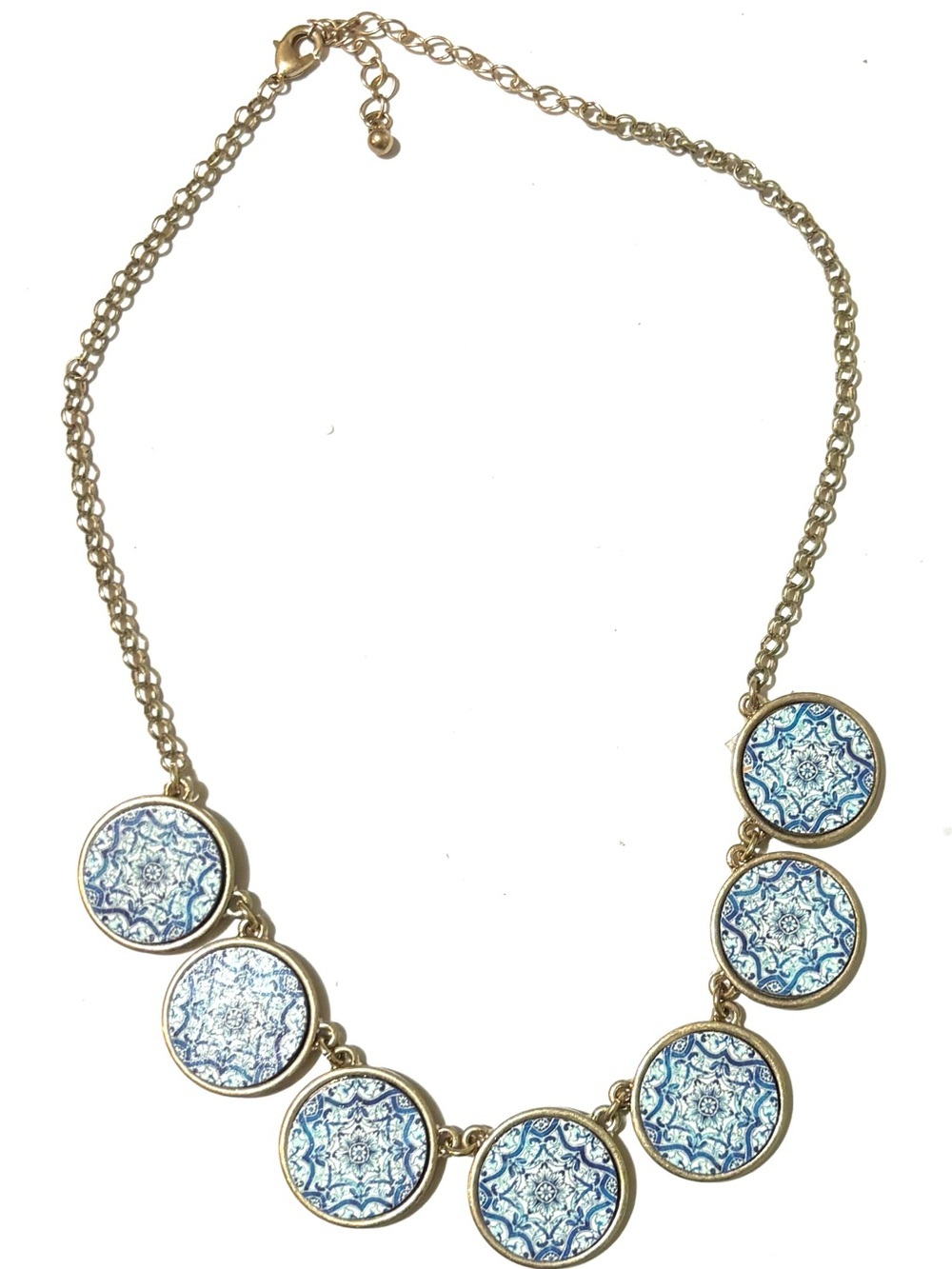 Gold-Tone Blue Patterned wood Disc Necklace - Women Jewelry